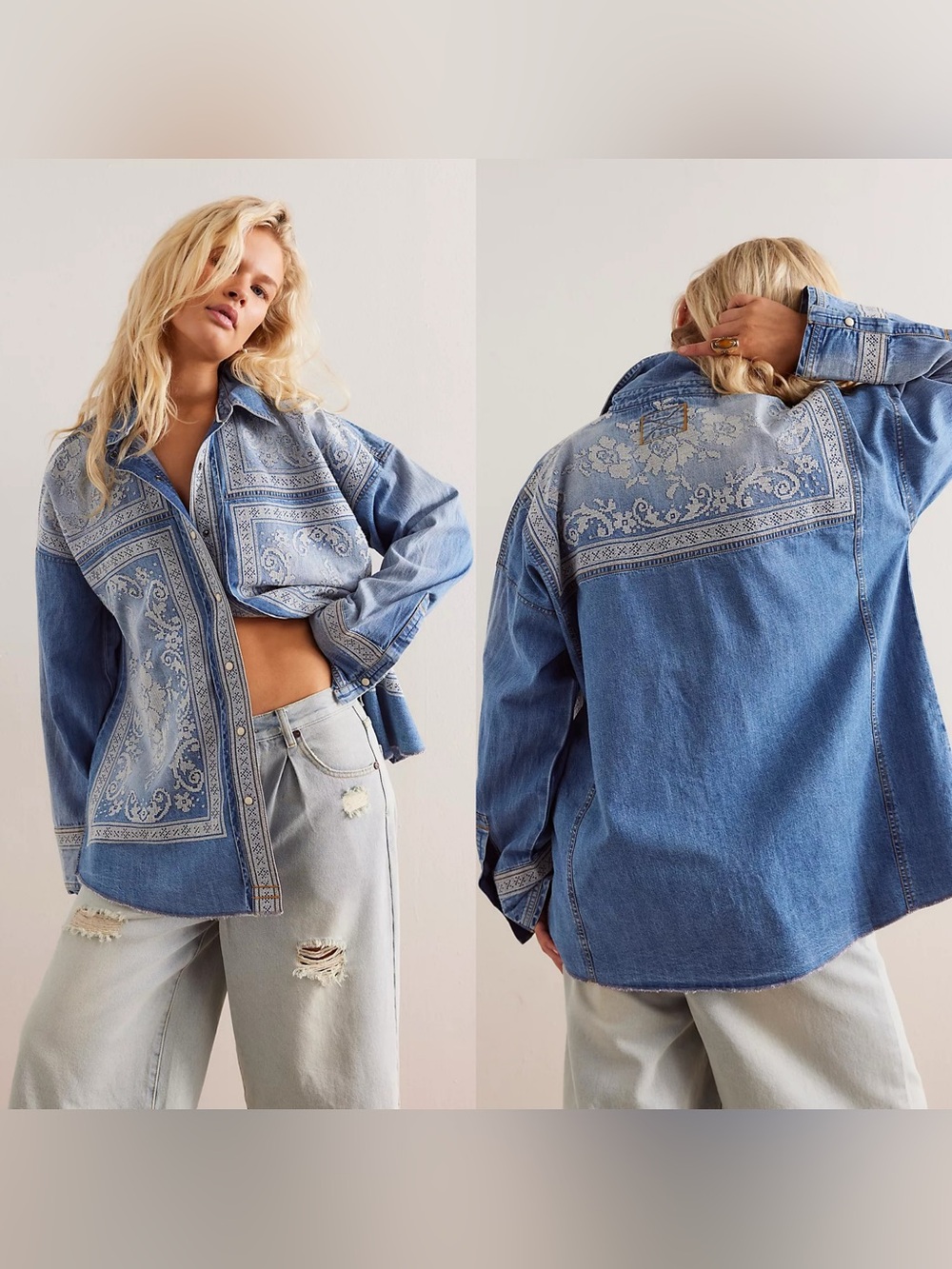 Free People We The Free Lace Embroidered Denim Shirt Women’s - Size Large